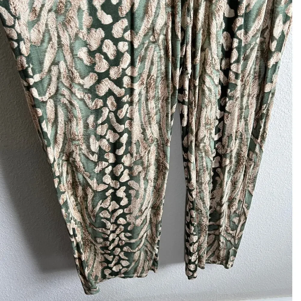 Lascana Green High Rise Wide Leg Flowy Pants Women's 14 All Over Print Modest